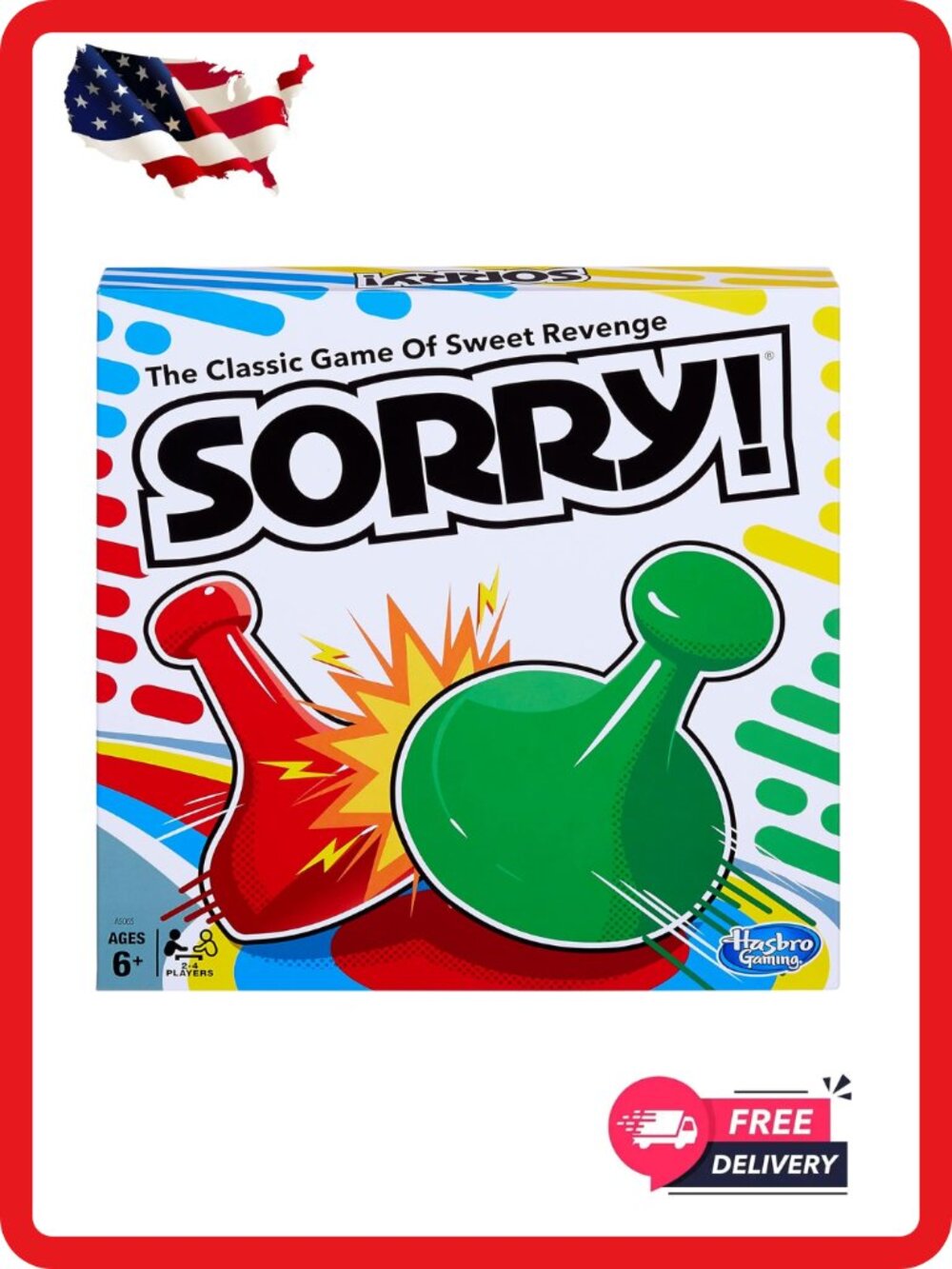 Hasbro Sorry Board Game Classic Family Game 4 Pawns Kids Ages 6+
